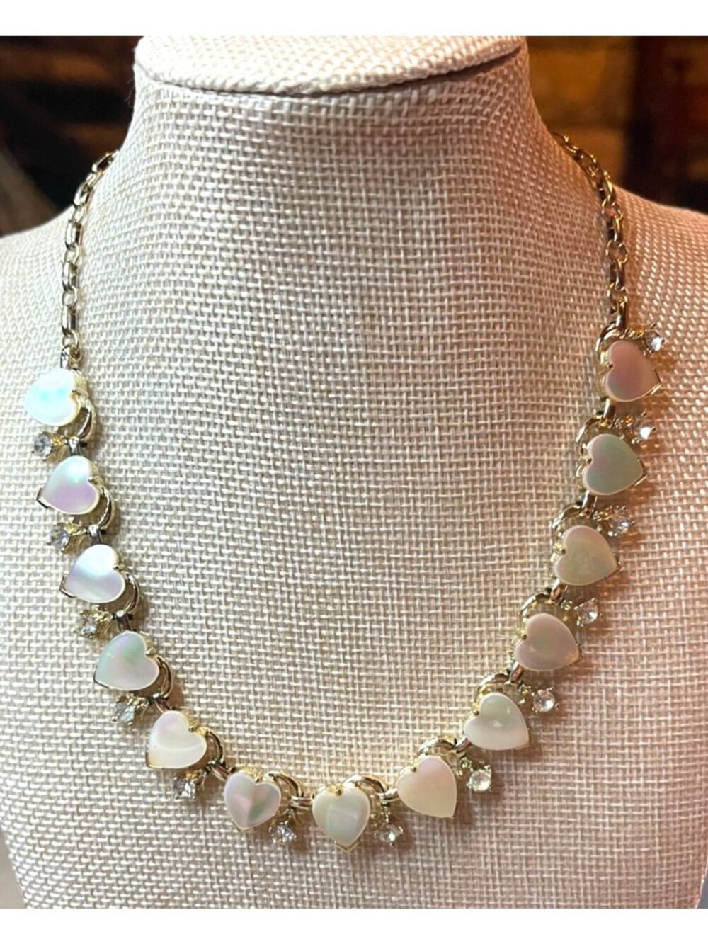 Vintage 80s Gold Faux Mother of Pearl Lucite Heart Rhinestone Choker Necklace